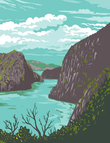 Affiche Art Wpa Coron Island Cove Vue Chemin Lac Kayangan — Image vectorielle