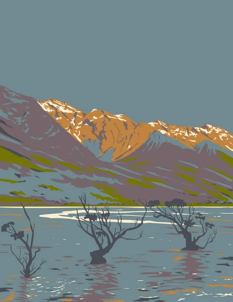Wpa Plakát Művészet Lake Wanaka Megtekintett Glenorchy Otago Régió South — Stock Vector