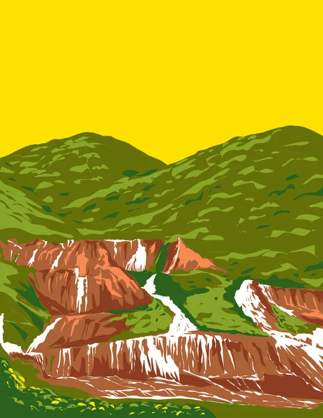 Wpa Poster Kunst Van Golden Waterfall Gelegen Nabij Een Dorp — Stockvector
