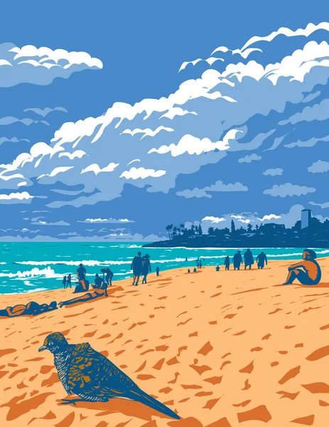 Affiche Art Wpa Colombe Zébrée Surfeur Waimea Bay Beach Dans — Image vectorielle