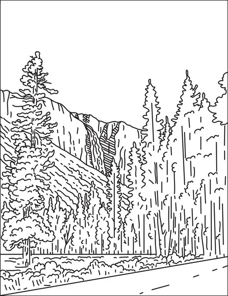 アメリカ ヨセミテ国立公園内のヨセミテ渓谷にあるブリッダルベールのモノラインイラストアメリカはモノラインアートで黒と白のスタイルで行われています — ストックベクタ