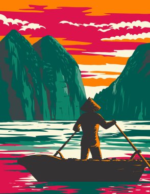 WPA afiş sanatı Ha Long Bay ya da Halong Körfezi gün batımında tekne satıcısı ile Vietnam 'da Quang Ninh Eyaleti' nde yapılan proje yönetimi ya da Art Deco tarzı.