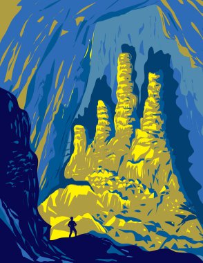 WPA 'nın, Hang Son Doong Mağarası' nın posterleri Phong Nha-Ke Bang Ulusal Parkı Bo Trach Bölgesi Quang Binh Eyaleti Vietnam 'daki dikitlerle proje yönetimi veya Art Deco stilinde yapıldı..