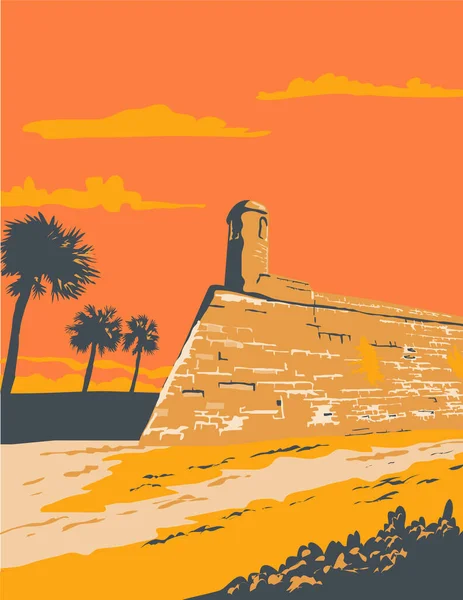 聖オーガスティン フロリダ州 アメリカ合衆国のフォート マリオンのWpaスタイルのイラストレトロな作品の進歩管理スタイルで行われた北米大陸にヨーロッパの決済の最古の場所 — ストックベクタ