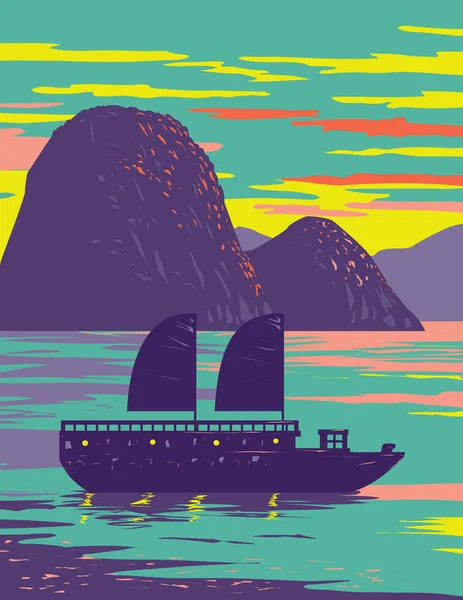 Wpa Poster Art Long Bay Halong Bay Junk Boat Sunset — Stock Vector