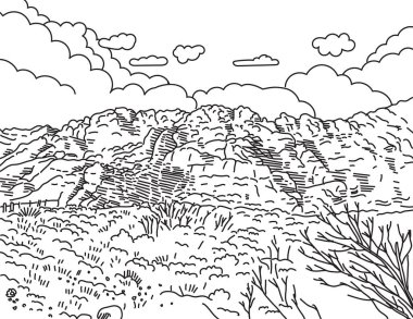 ABD 'nin Nevada eyaletindeki Clark County' de bulunan Red Rock Canyon Ulusal Koruma Alanının tekli çizgisi çizimi siyah ve beyaz tarzında yapılmıştır.