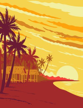 WPA afişi, Vietnam 'da Tayland Körfezi' nde yer alan Kien Giang Eyaleti 'nde gün batımında Phu Quoc adasındaki bir plajın proje yönetimi veya Art Deco tarzında yapıldığı şeklinde..