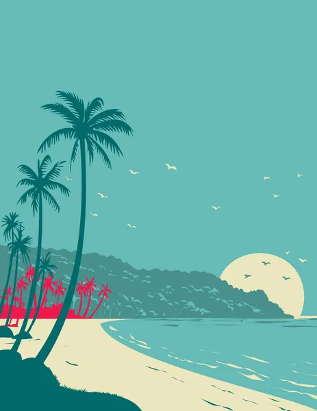 Wpa Plakát Umění Long Beach Phu Quoc Během Východu Slunce — Stockový vektor