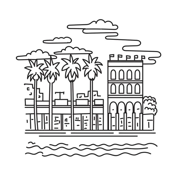 美国加利福尼亚州洛杉矶县西区威尼斯海滩社区的单线插图 以单线艺术风格创作 — 图库矢量图片