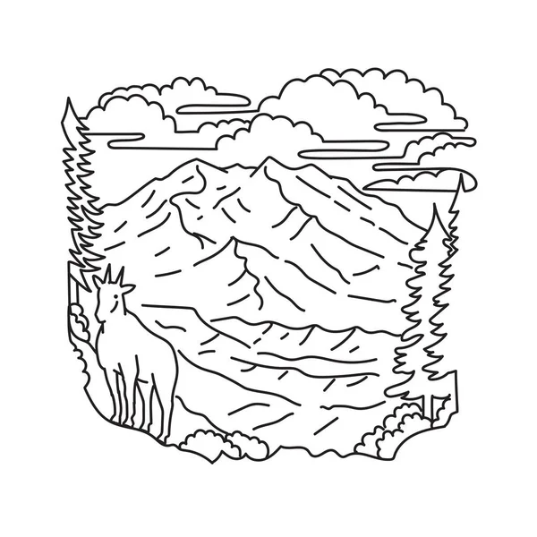 美国阿拉斯加州麦金莱山国家公园位于德纳利国家公园和保护区内的山地山羊的单线插图 以单线艺术风格制作 — 图库矢量图片