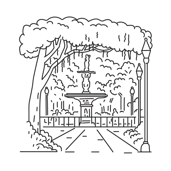 Моно Линейная Иллюстрация Парка Форсайт Милитари Грунд Историческом Районе Саванна — стоковый вектор