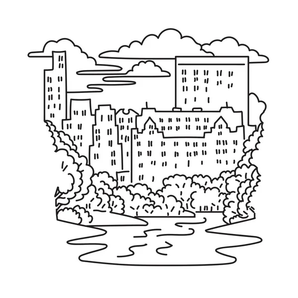 Mono Γραμμή Εικονογράφηση Του Central Park Pond Και Midtown Manhattan — Διανυσματικό Αρχείο