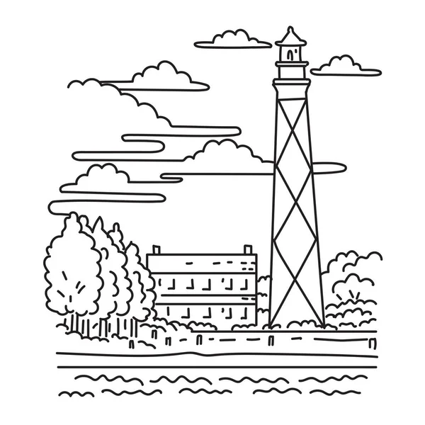 Monolinie Illustration Des Cape Lookout Lighthouse Harkers Island Äußeren Ufer — Stockvektor