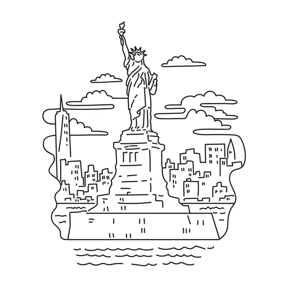 アメリカのニューヨーク港のリバティ島にあるニューヨーク市のスカイラインを持つ自由の女神像のモノラインイラスト アートスタイル — ストックベクタ