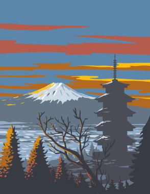 Japonya 'daki Fuji-Hakone-Izu Ulusal Parkı' ndaki Honshu adasında bulunan Fuji Dağı ve pagoda 'nın WPA poster sanatı proje yönetimi veya Art Deco stilinde yapılmıştır.