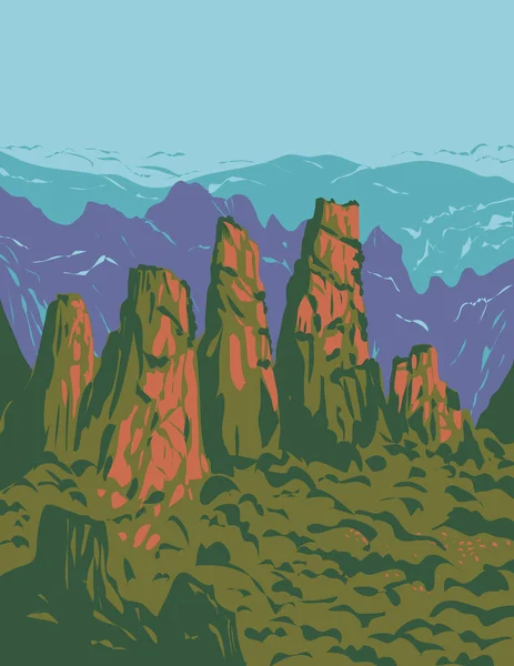 Плакат Wpa Национального Лесного Парка Чжанцзяцзе Живописной Местности Вулинъюань Расположенной — стоковый вектор