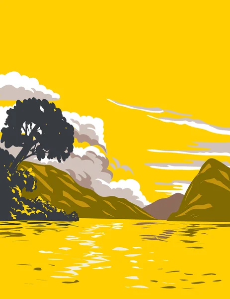 南スイスと北イタリアの国境に位置する氷河湖 ルガーノ湖のWpaポスターアートは 作品プロジェクト管理やアール デコ様式で行われます — ストックベクタ
