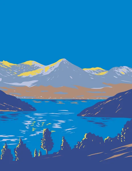 世界和平协会在瑞士阿尔卑斯山北侧沃州 日内瓦州和瓦莱州的日内瓦湖海报艺术 作品为工程项目管理或装饰艺术风格 — 图库矢量图片