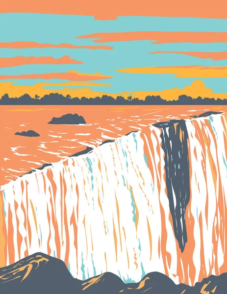 世界和平协会在赞比西河维多利亚瀑布的海报艺术 赞比亚和津巴布韦之间的边界 在南部非洲的作品项目管理或装饰艺术风格 — 图库矢量图片