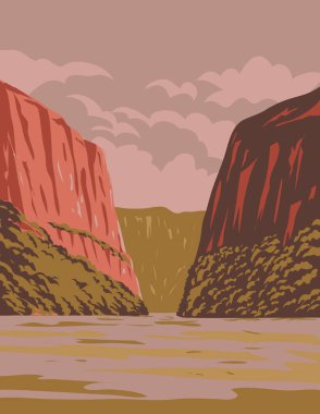 Sumidero Canyon Ulusal Parkı 'nın WPA poster sanatı Chiapa de Corzo' da yer almaktadır. Güney Meksika, Chiapas eyaleti. Proje yönetimi veya Art Deco stilinde yapılmıştır.