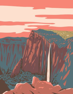 Sierra Madre Occidental dağ sırasının merkezindeki Chihuahua eyaletindeki Basaseachic Falls Ulusal Parkı 'nın WPA poster sanatı iş yönetimi veya Art Deco tarzında yapılmıştır..