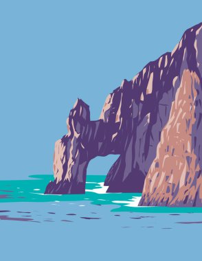 El Arco 'nun WPA poster sanatı veya Baja California yarımadasındaki Cabo San Lucas' ın güney ucundaki Cabo San Lucas kemeri proje yönetiminde veya Art Deco stilinde yapıldı..