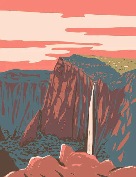 シエラ マドレの中心部にあるチワワ州内のバセアシック滝国立公園のWpaポスターアート作品プロジェクト管理またはアール デコ様式で行われたメキシコ — ストックベクタ