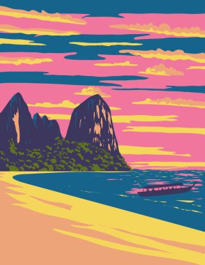 WPA poster sanatı Railay veya Rai Leh plajı Tayland 'da Krabi ve Ao Nang şehirleri arasındaki küçük yarımada iş yönetimi veya Art Deco tarzı.