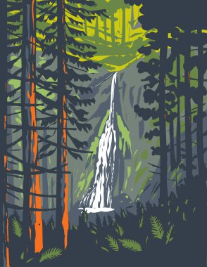 Washington 'daki Crescent Gölü yakınlarındaki Olympic Ulusal Parkı' nda bulunan Marymere Falls 'un WPA poster sanatı.
