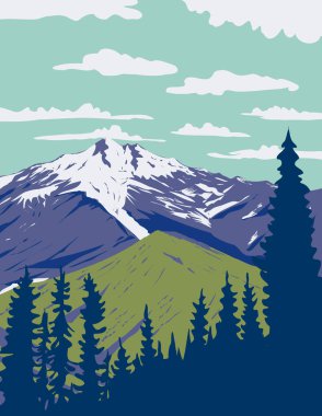 WPA poster art of Glacier Peak or Dakobed in Cascade Volcanic Arc within Glacier Peak Wilderness in North Cascade, Washington State, United States USA done in works project administration.