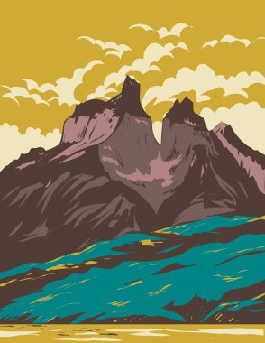 WPA poster art of Torres del Paine National Park from Lake Pehoe in the Chilean Patagonia within Magallanes and Chilean Antarctic Region Chile done in works project administration or Art Deco style.