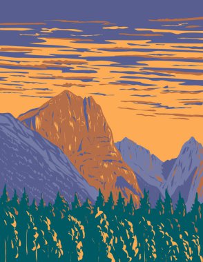 WPA poster art of Hozomeen Mountain on the east side of Ross Lake in the North Cascades within Ross Lake National Recreation Area in Washington State USA done in works project administration