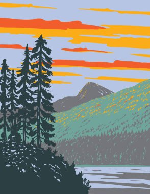 WPA poster art of Waptus Lake in Wenatchee National Forest east of the Cascade Mountain Range, Washington State, United States USA done in works project administration.