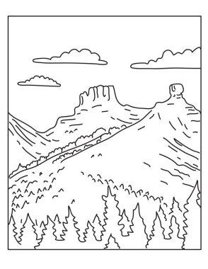 Colorado 'nun güneybatısındaki San Juan Ulusal Ormanı' ndaki Chimney Rock Ulusal Anıtı 'nın mono çizgisi çizimi monolin sanat tarzında yapılmıştır..
