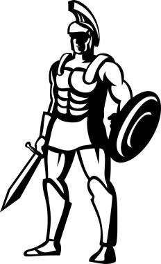 Romalı Centurion Kılıç ve Kalkanla Önden Görünüm Retro Biçimi