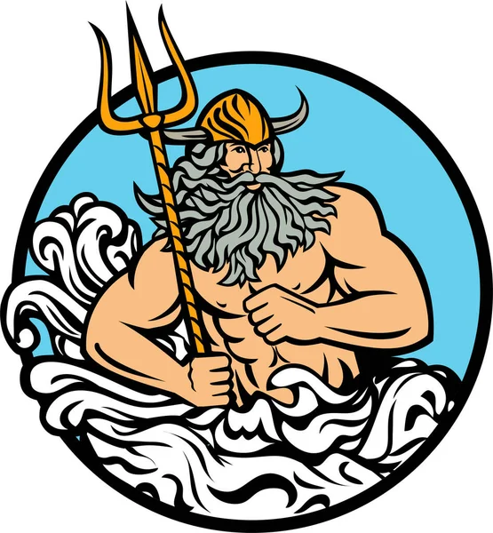 挪威神话中带三叉戟和波浪圆圈吉祥物的海神爱吉尔 赫勒或体操神 — 图库矢量图片