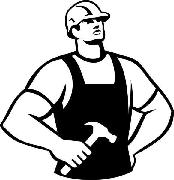 Carpenter Handyman Holding Hammer Looking Front Retro — Stock Vector