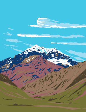 WPA Aconcagua Provincial Park 'ın poster sanatı And Dağları' nın Müdürü Cordillera, Arjantin 'in Mendoza Eyaleti iş yönetimi veya Art Deco stilinde yapıldı.
