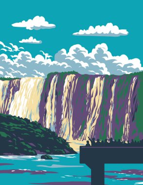 Iguazu Nehri 'ndeki Iguazu Şelalesi' nin Iguazu Ulusal Parkı 'ndaki WPA poster sanatı Arjantin ve Brezilya arasındaki çalışma projesi yönetimi veya Art Deco tarzı.