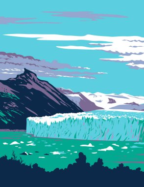 Santa Cruz eyaletinin güneybatısındaki Los Glaciares Ulusal Parkı 'nda yer alan Perito Moreno Glacier' in WPA poster sanatı Arjantin 'de proje yönetimi veya Art Deco stilinde yapıldı..