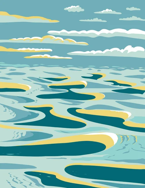 Wpa Poster Art Lencois Maranhenses National Park Dunes Freshwater Lagoons — Stock Vector