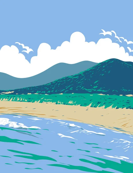 プロジェクト管理またはアールデコスタイルで行われたブラジルの南部地域に位置するフロリアノポリスまたはフローリパの42のビーチの一つであるプライアダホアキナのWpaポスターアート — ストックベクタ