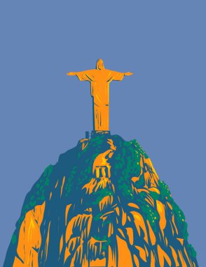 WPA poster art of Christ the Redeemer on top Corcovado mountain within Tijuca National Park in Rio de Janeiro in Brazil done in works project administration or Art Deco style clipart