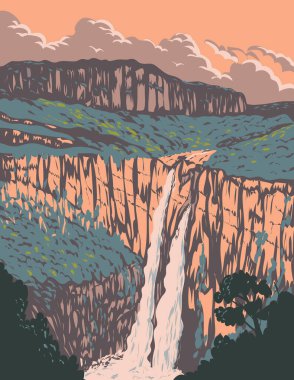 Brezilya 'nın Golas kentindeki Chapada dos Veadeiros Ulusal Parkı' ndaki Salto II şelalesinin WPA poster sanatı
