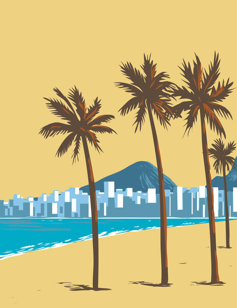 WPA poster art of Copacabana beach in the South Zone of the city of Rio de Janeiro in Brazil done in works project administration or Art Deco style