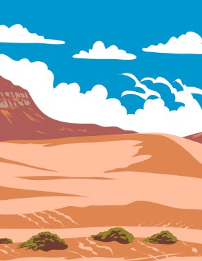 WPA afiş sanatı Coral Pink Sand Dunes State Park arasında Mount Carmel Junction ve Kanab in Kane County, Utah, ABD iş projesi yönetimi veya Art Deco tarzı.