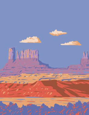ABD 'nin Utah ve Arizona eyaletlerindeki Colorado Platosu bölgesindeki Navajo Anıt Vadisi Kabile Parkı' nın WPA poster sanatı proje yönetimi veya Art Deco tarzında yapıldı.