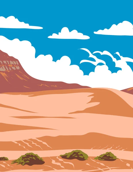美国犹他州西南部凯恩县位于卡梅尔山与卡纳布之间的珊瑚粉色沙丘州立公园的世界和平协会招贴画艺术 以作品项目管理或装饰艺术风格完成 — 图库矢量图片