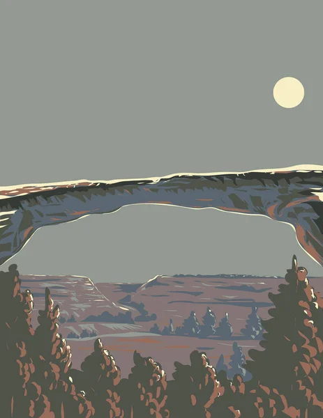 アメリカ合衆国ユタ州のブランディング近郊の自然橋にある大規模なアルコブアーチであるオオカモ自然橋のWpaポスターアートは 作品プロジェクト管理やアールデコスタイルで行われます — ストックベクタ