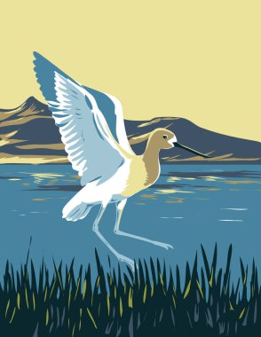 WPA 'nın Great Salt Lake' deki Amerikan Avocet posterleri, Salt Lake City, Utah 'ta bulunan Amerika' nın Ölü Denizi Proje Yönetimi veya Art Deco stilinde yapıldı